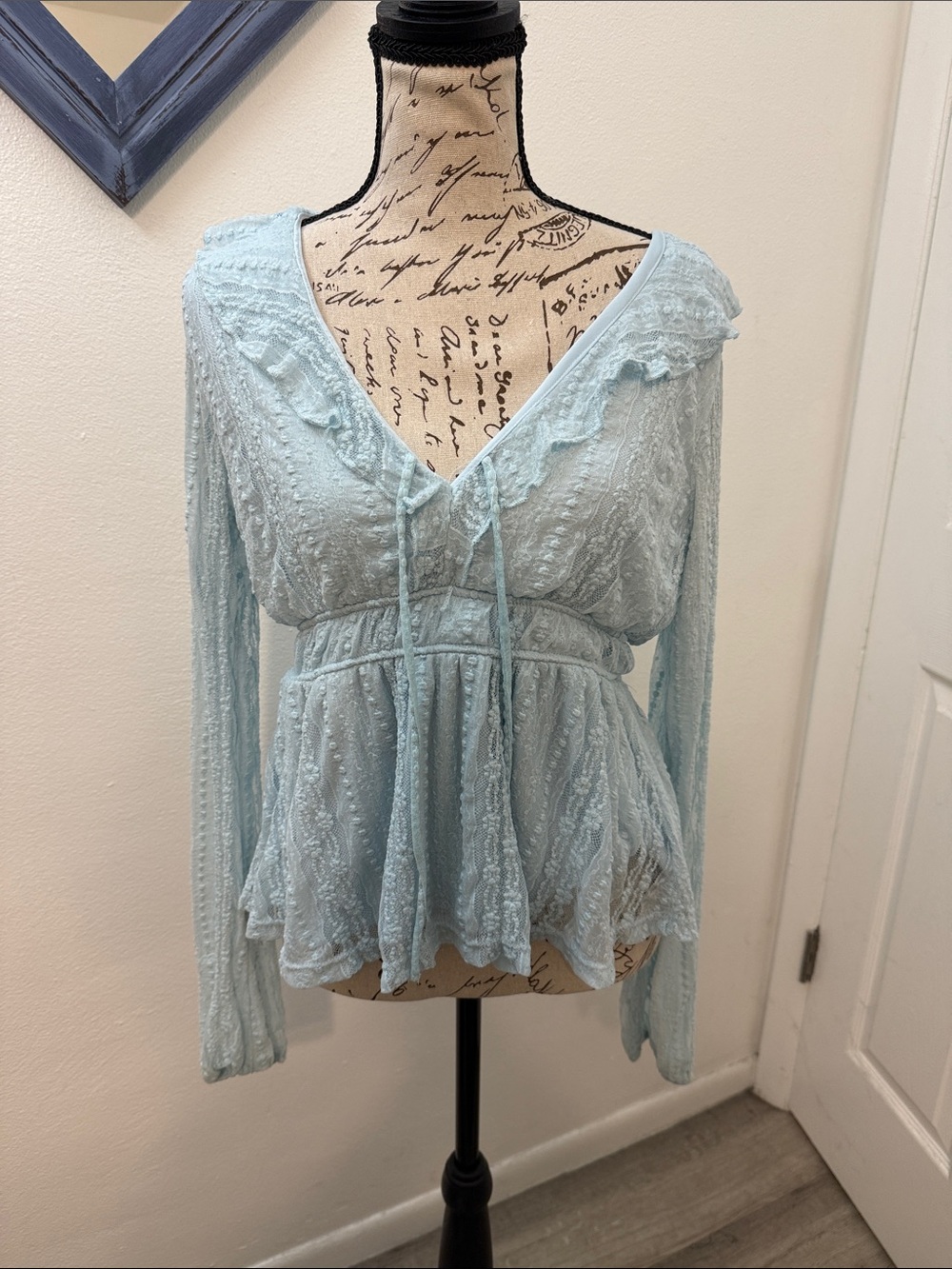 Light Blue V-Neck Lace Peplum Blouse with Tie